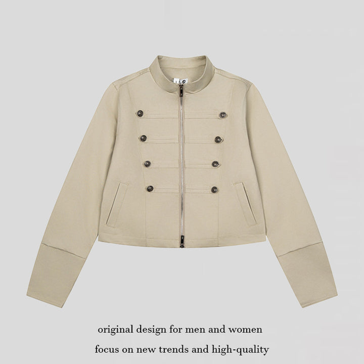 Women's short tailored military jacket with stand-up collar, decorative button rows, and two-way zipper Amarae