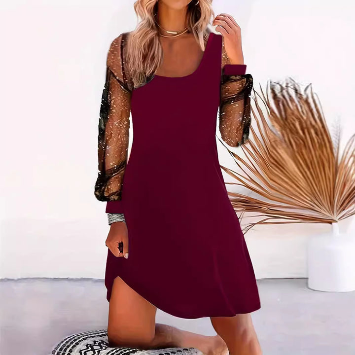 Ladies Elegant Asymmetrical Midi Dress with Chic Transparent Puff Sleeves and Style