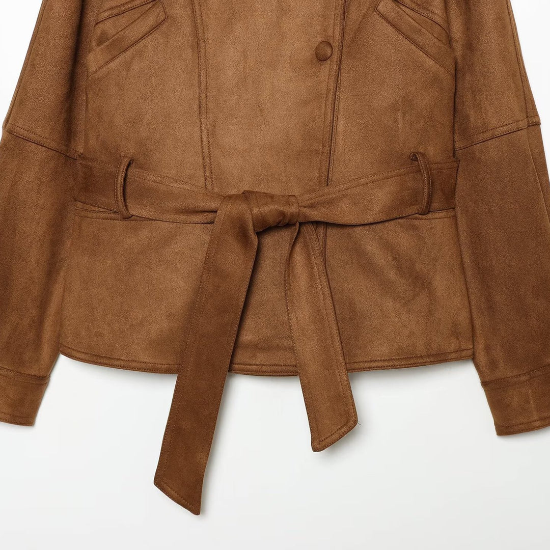 Women's tailored short jacket made of soft suede imitation with asymmetrical button placket and tie belt Amarae