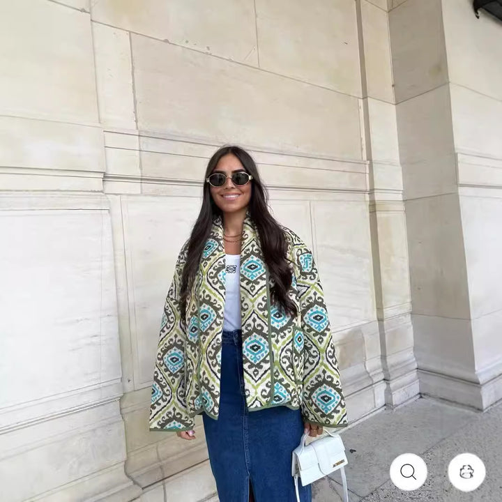 Women's Quilted Short Jacket in Kimono Style with Shawl Collar, Decorative Piping and Allover Print Amarae