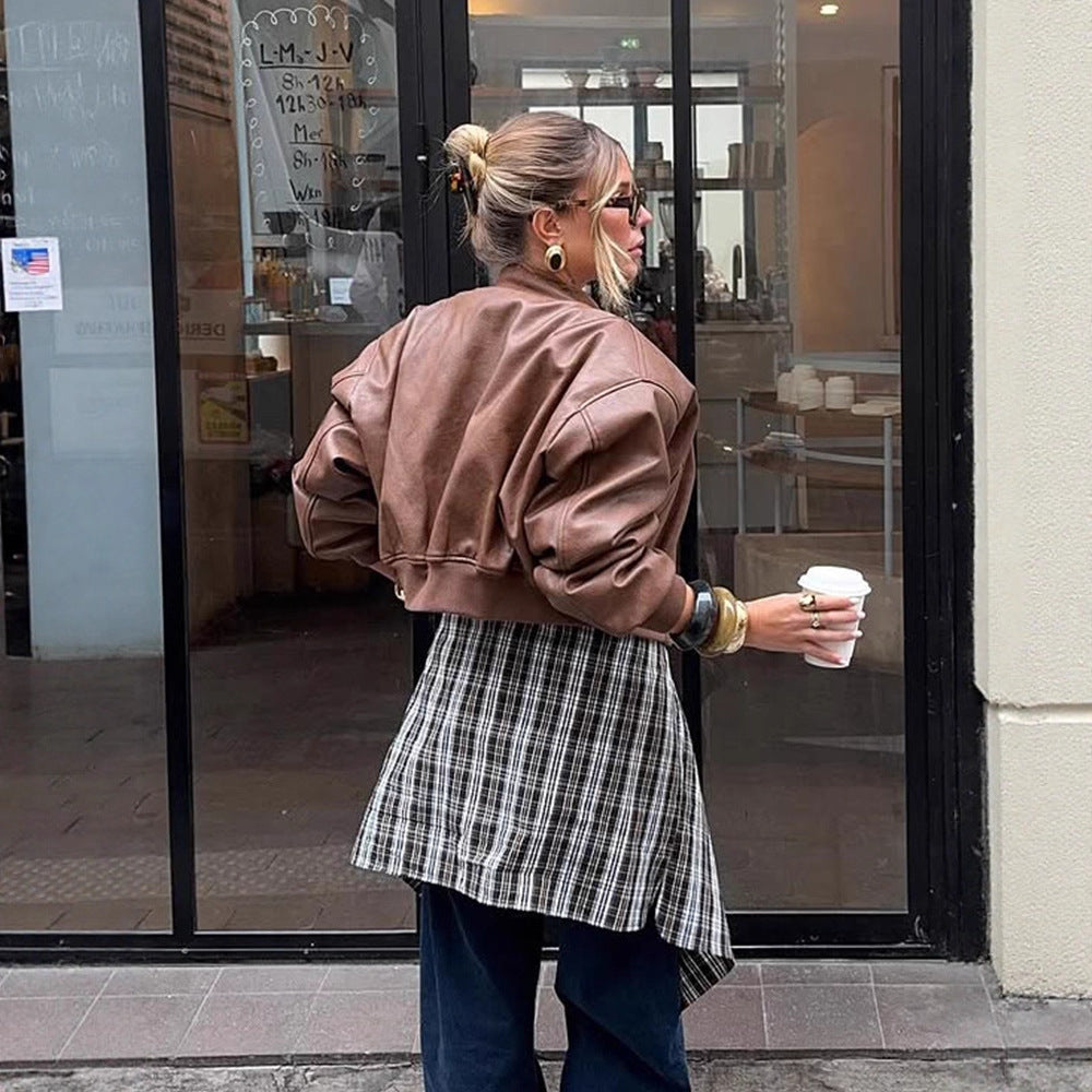Women's Short Cut Faux Leather Bomber with Ribbed Collar, Zipper & Zip Chest Pocket Amarae