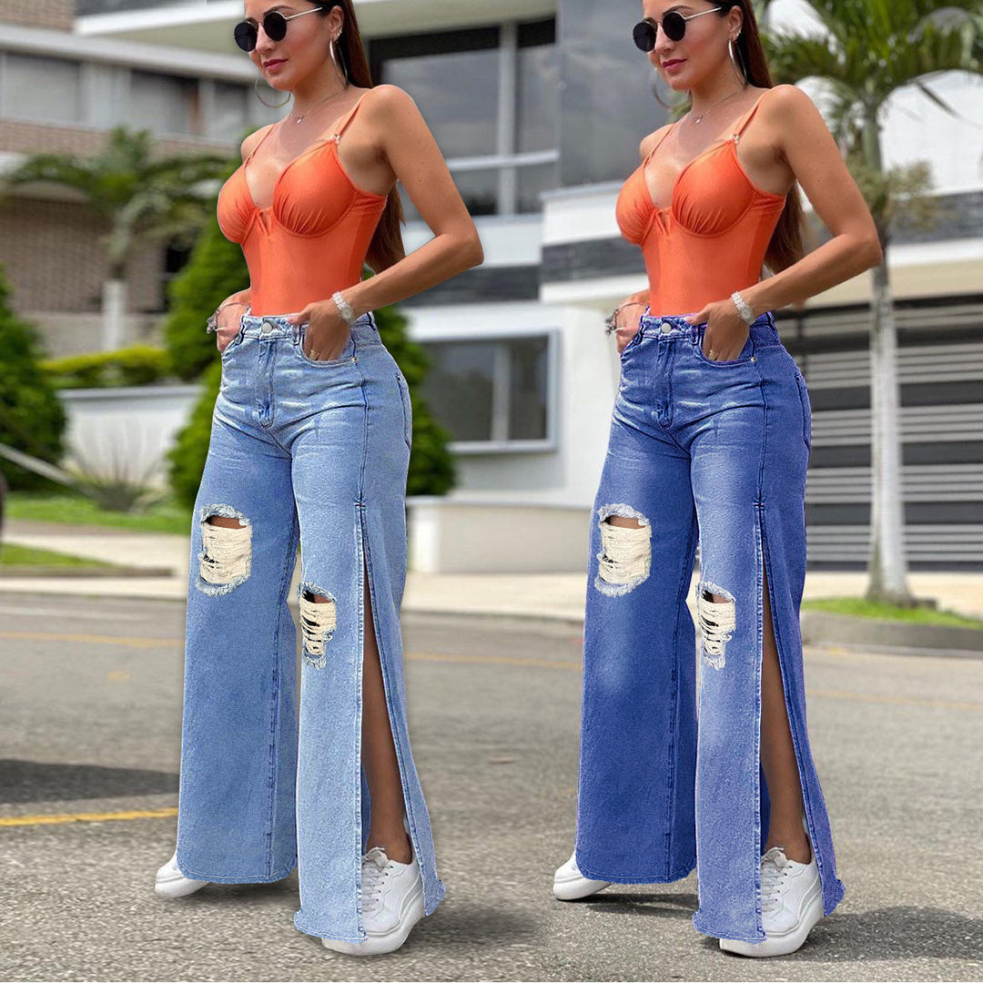 Ladies High-Waisted Wide-Leg Jeans with Knee Rips and Side Slits Amarae