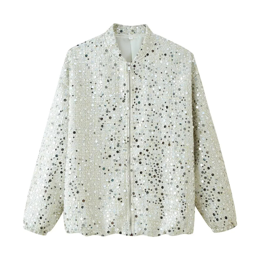 Ladies Sparkling Jacket with Round Collar and Hidden Zipper Lune London