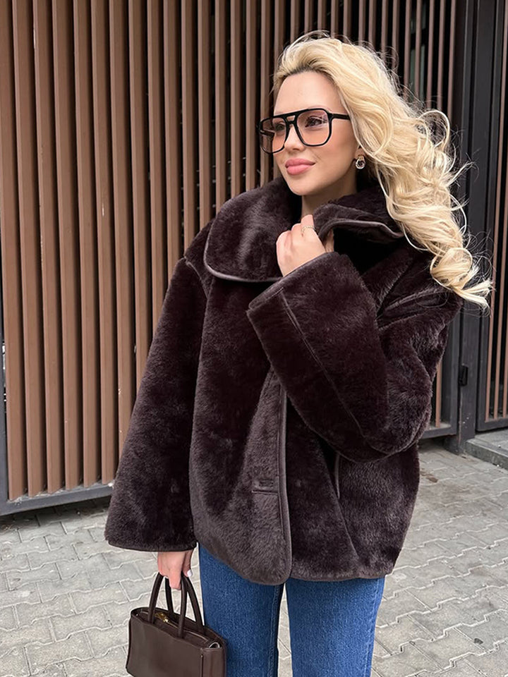 Women's Boxy Faux Fur Jacket with Voluminous Shawl Collar and Boxy Silhouette Amarae