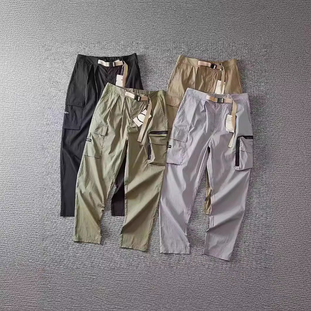 Men's Lightweight Technical Cargo Pants with Integrated Belt, Multiple Pockets, and Tapered Cut Amarae