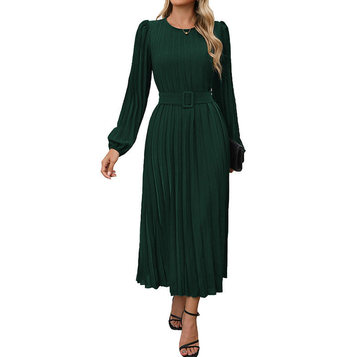 Women’S Pleated Dress with Waist Belt and Long Sleeves Chic Und Stil