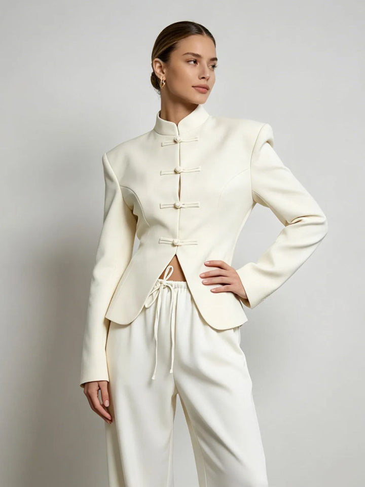Women's Sculpted Blazer with Stand Collar, Decorative Knot Closures and Tailored Silhouette Amarae