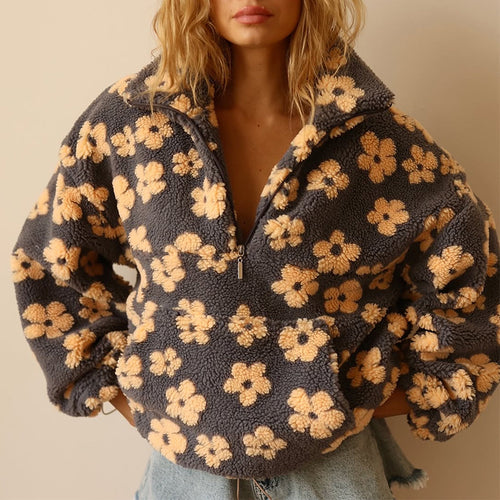 Women Cozy Fleece Jacket with Floral Pattern Amarae