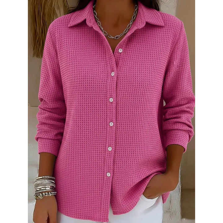 Women's Structured Shirt Blouse in Waffle Knit with Classic Collar and Continuous Button Placket Amarae