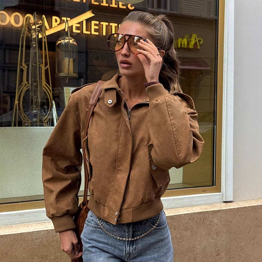 Women's short-cut bomber jacket made of faux suede with ribbed cuffs Amarae