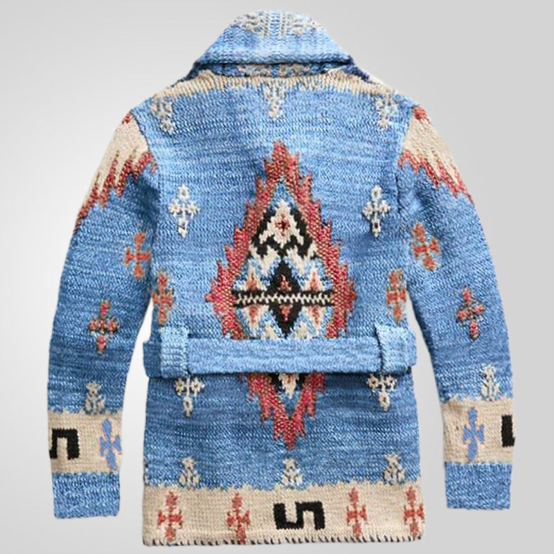 Comfortable knit coat for women with decorative pattern and practical belt Lune London
