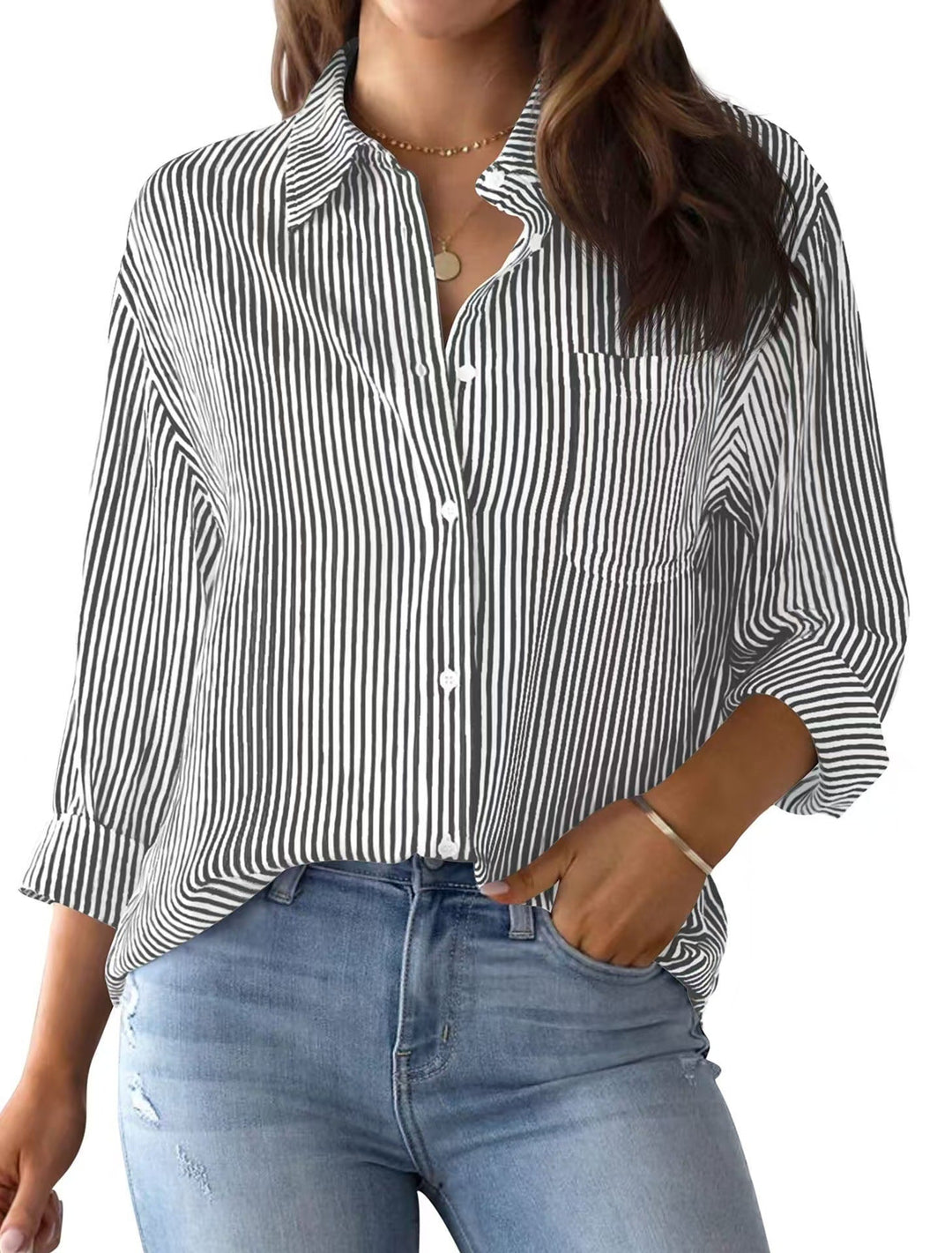 Ladies Loose Striped Shirt with Chest Pocket and Roll-up Sleeves Lune London