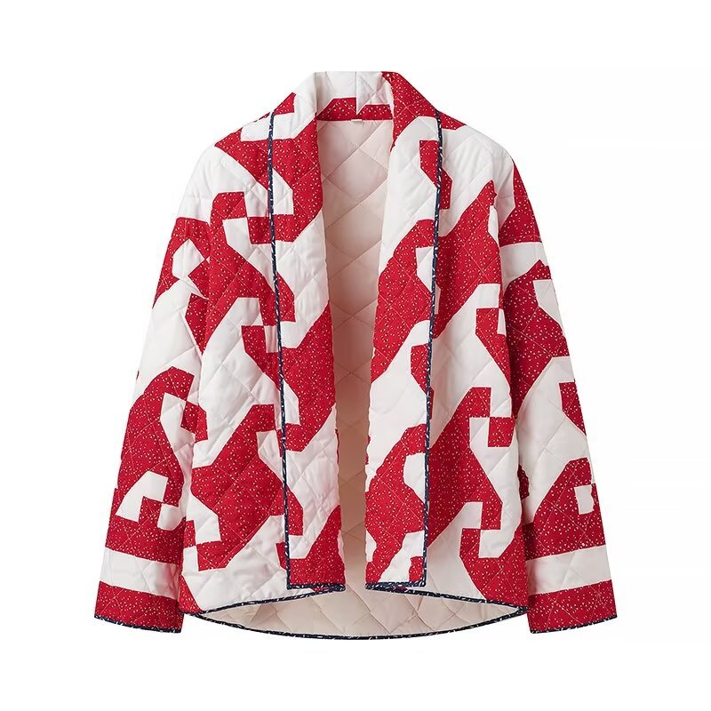 Quilted jacket for ladies with modern geometric pattern and open cut Lune London