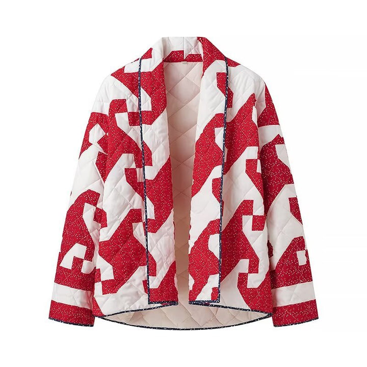 Quilted jacket for ladies with modern geometric pattern and open cut Lune London