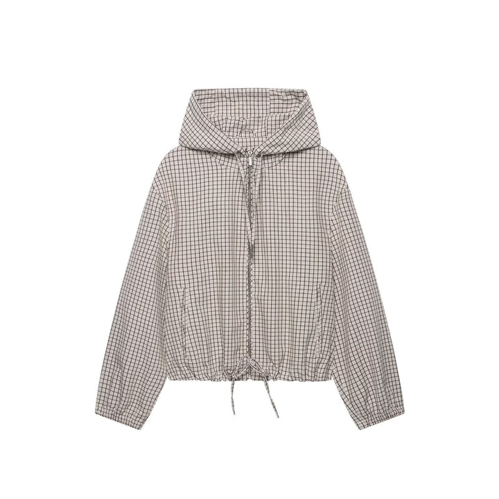 Women Lightweight Hooded Jacket in Check Pattern with Drawstring Hem and Elastic Cuffs Amarae