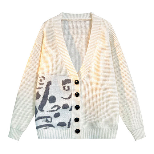 Ladies cardigan with artistic pattern and deep V-neck Chic and Style