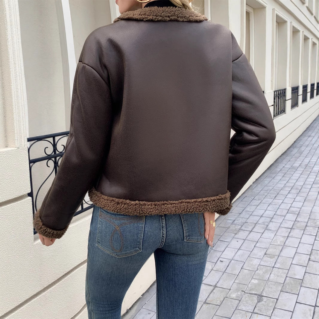 Textured short-cut jacket for women with hidden buttons and pockets Lune London