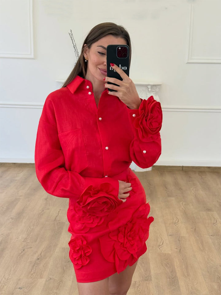 Women's Shirt Blouse-Mini Skirt Set with Voluminous 3D Rose Appliqués and Pearl Details Amarae