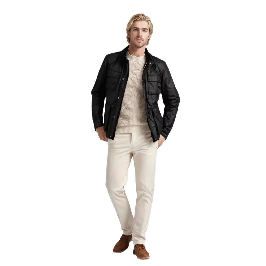 Elegant utility jacket for men with several practical pockets and faux fur collar Lune London