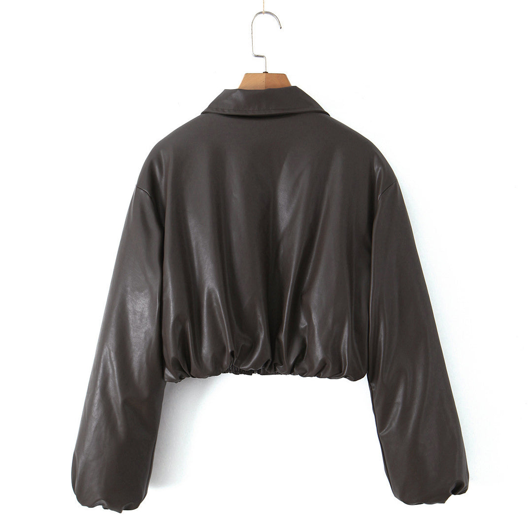 Cropped casual chic synthetic leather biker jacket for women Lune London