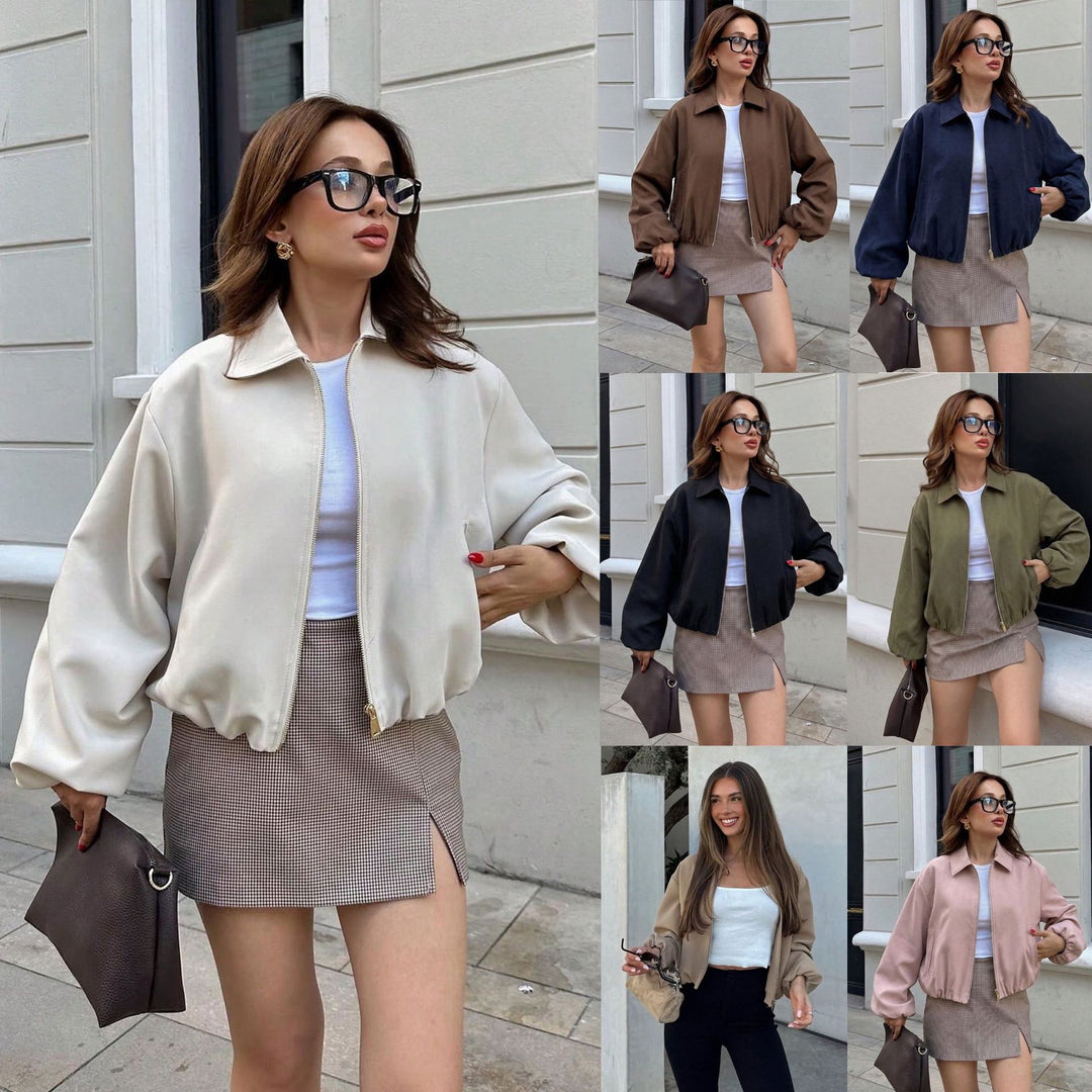Women’s short bomber jacket with zipper, elastic hem, and soft finish Amarae