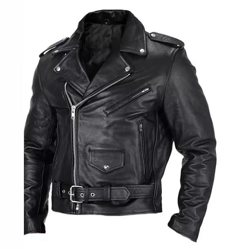 Men's leather biker jacket with asymmetrical zipper and practical pockets Amarae