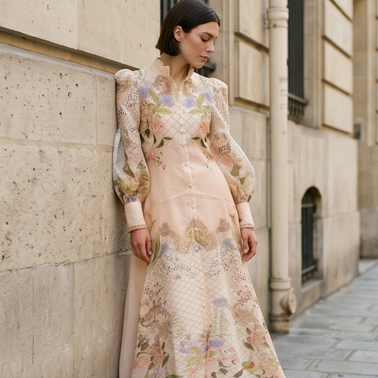 Women's maxi dress with floral print, button placket and voluminous puff sleeves Amarae