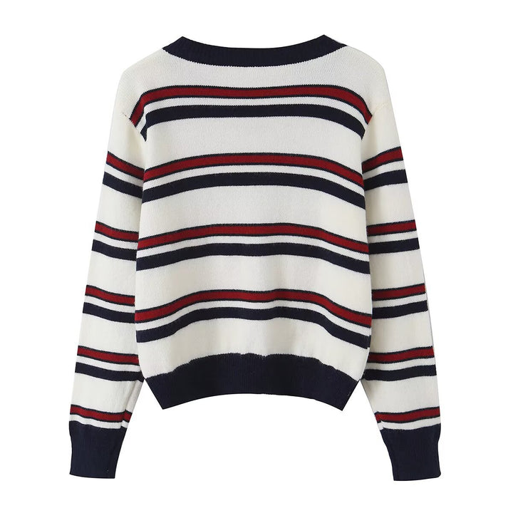 Women Striped Short Cardigan with Round Neck, Button Placket and Ribbed Cuffs Amarae