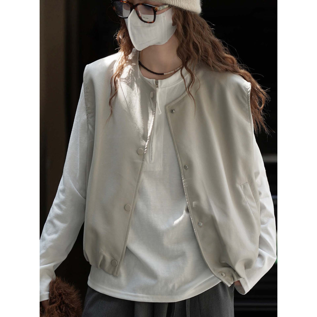 Women's Sleeveless Faux Leather Vest with Snap Button Closure and Loose Layering Silhouette Amarae
