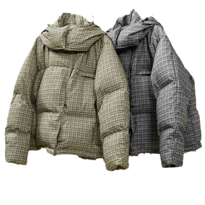 Women Short Cut Quilted Check Pattern Padded Jacket with Hood Amarae