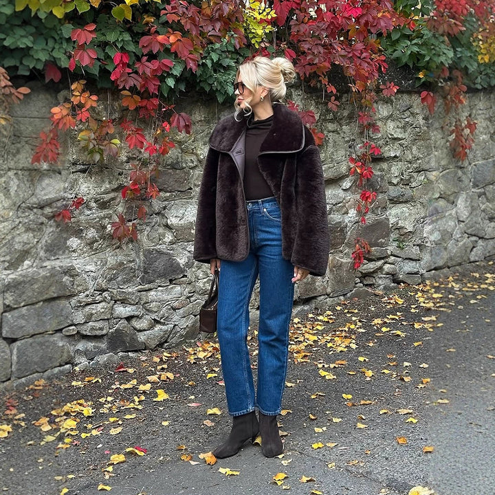 Women's Boxy Faux Fur Jacket with Voluminous Shawl Collar and Boxy Silhouette Amarae