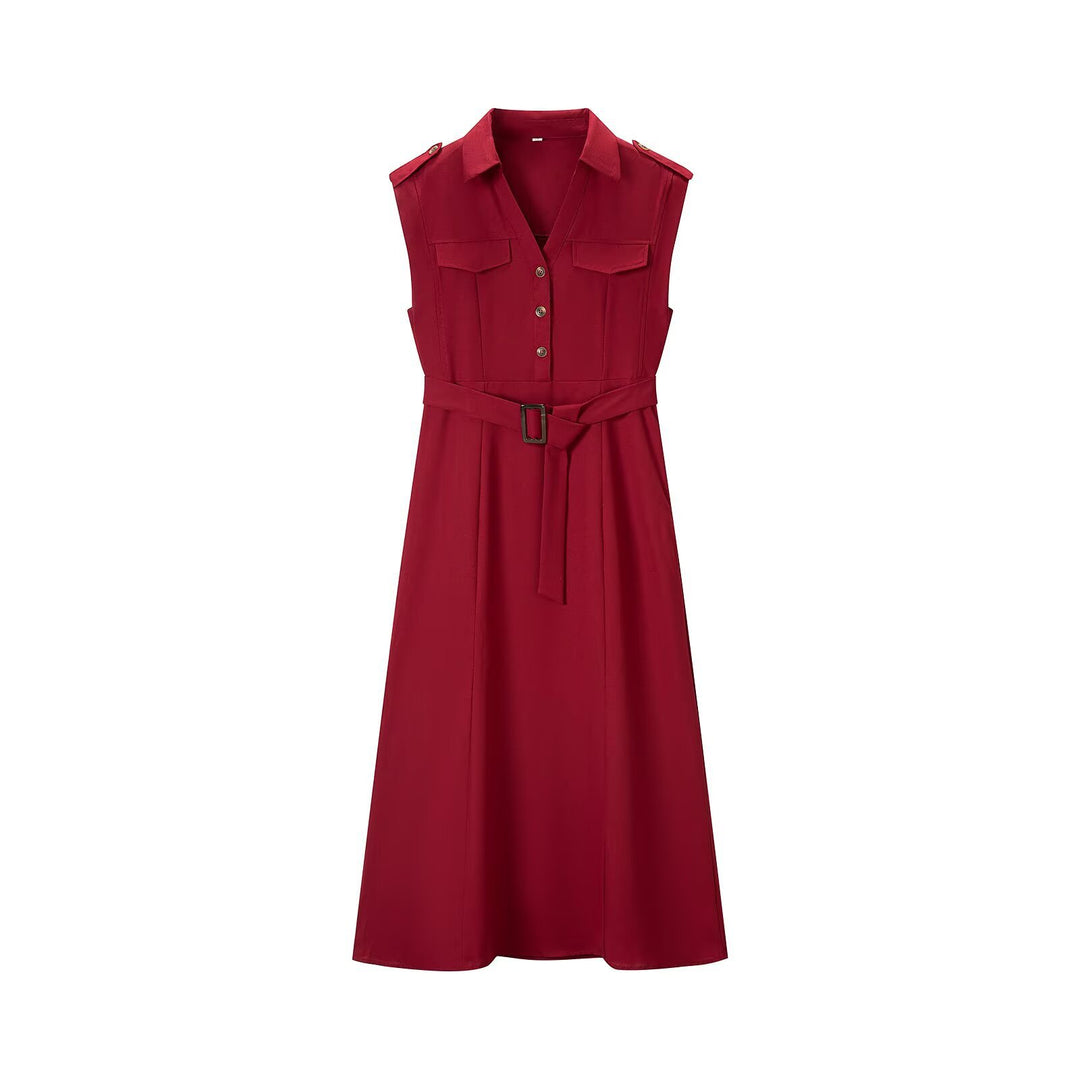 Women’s sleeveless shirt dress with waist belt, chest pockets and lapel collar Amarae