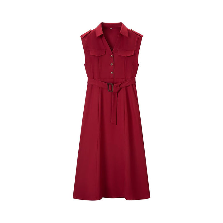 Women’s sleeveless shirt dress with waist belt, chest pockets and lapel collar Amarae