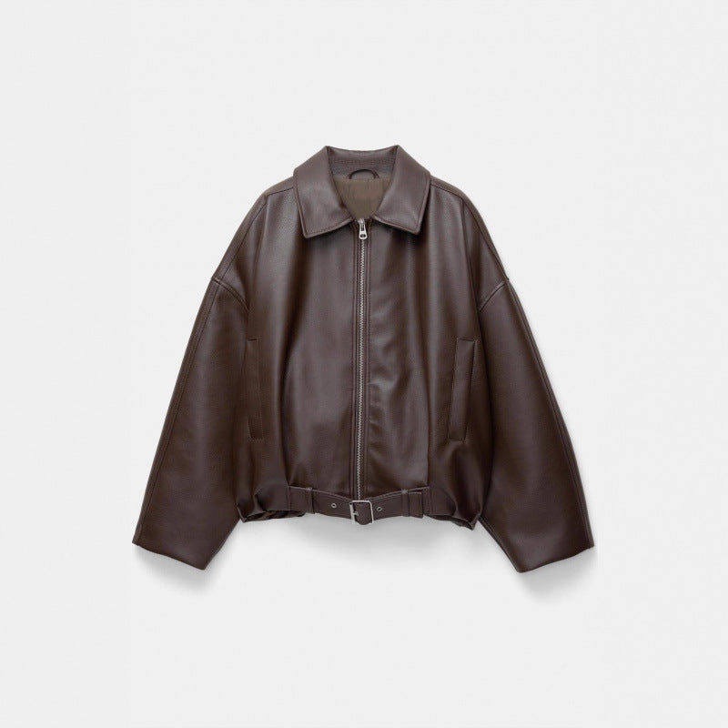 Women Oversized Leatherette Blouson with Waist Belt Amarae