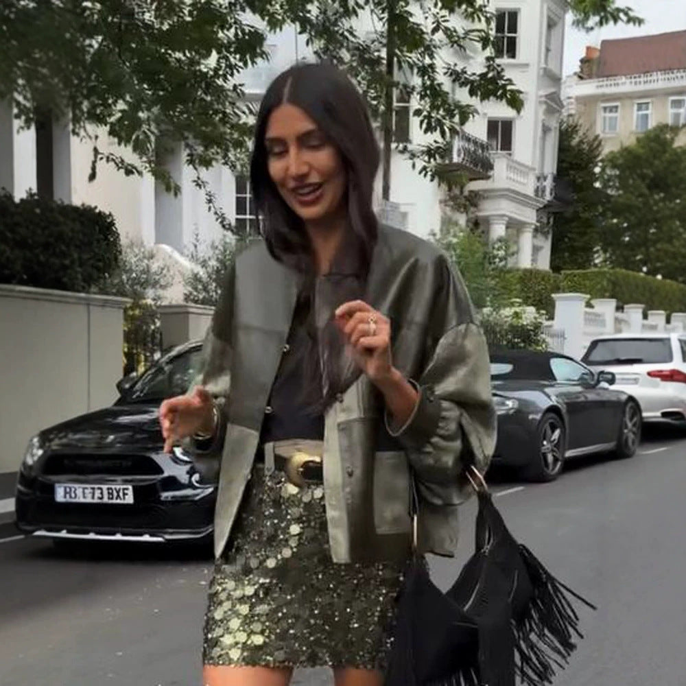 Women's short jacket in leather look and jacquard with stand-up collar Amarae