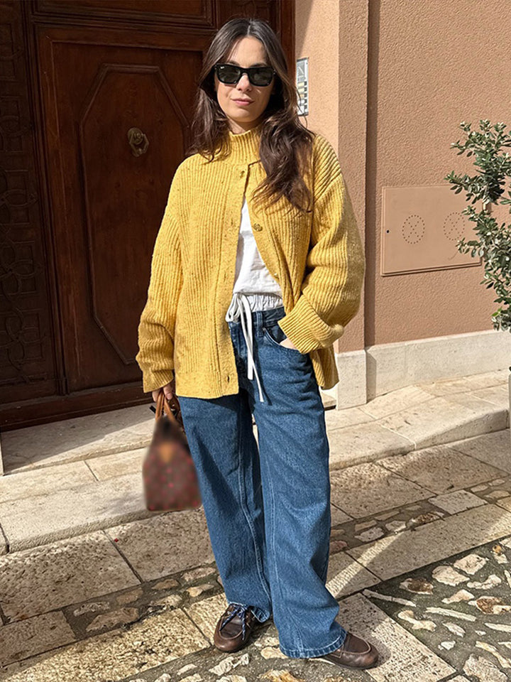 Women Oversize Cardigan with Rib Structure and Stand-Up Collar Amarae