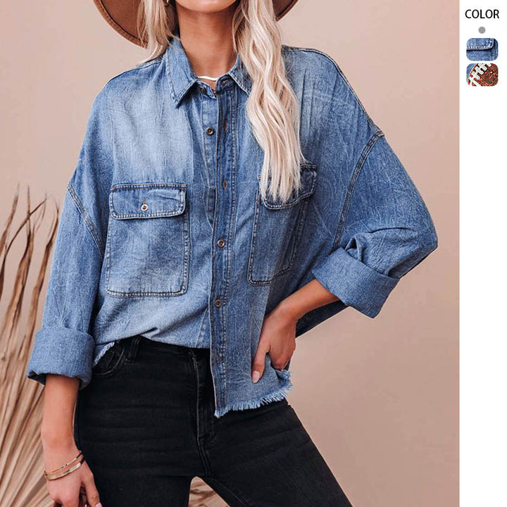 Women's Casual Denim Shirt Jacket with Fringed Cuffs and Practical Pockets Lune London