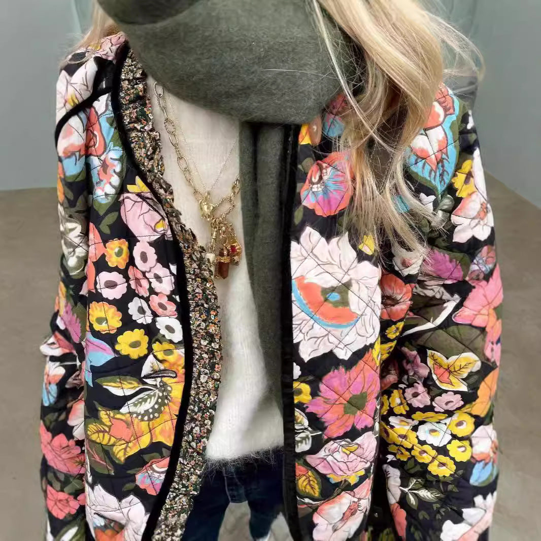 Ladies trendy quilted jacket with floral pattern Lune London