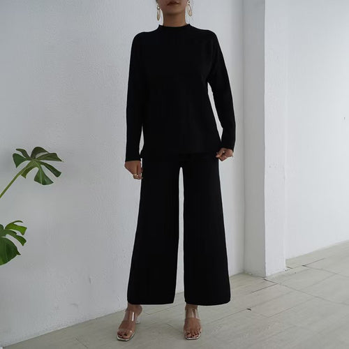 Elegant and casual knit loungewear set for women with high collar and wide legs Amarae