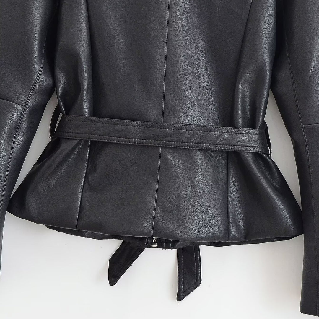 Women's Tailored Leather Look Jacket with Tie Belt and Balloon Sleeves Amarae