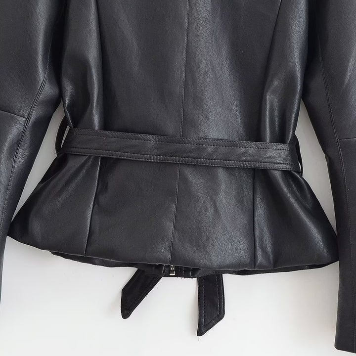 Women's Tailored Leather Look Jacket with Tie Belt and Balloon Sleeves Amarae