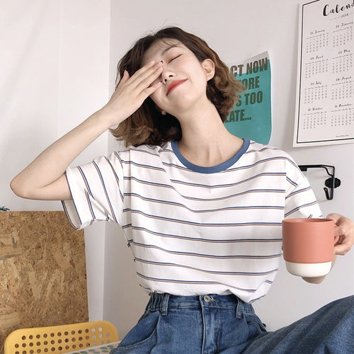 Women Striped T-Shirt with Round Neck and Loose Fit Amarae