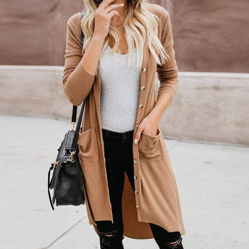 Ladies Long Knitted Cardigan with Button Closure and Practical Pockets Amarae