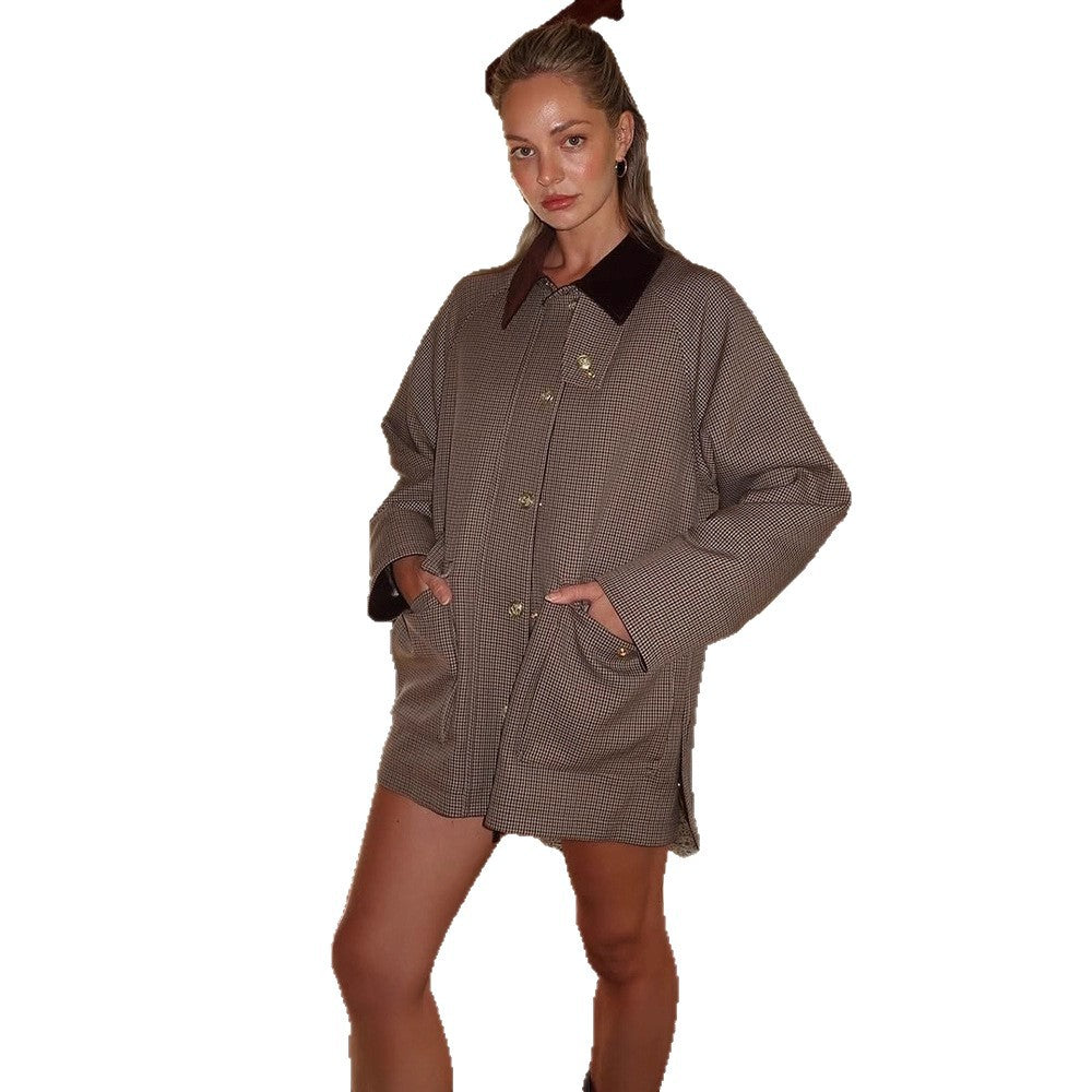 Women Oversize Boxy Jacket in Glencheck with Velvet Collar and Golden Decorative Buttons Amarae