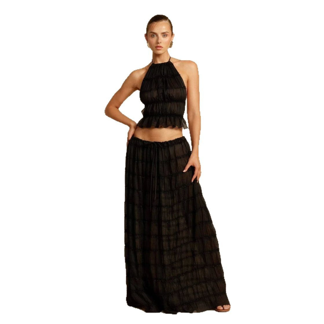 Women's Elegant and Playful Two-Piece Summer Dress with Ruffled Top and Flowing Skirt