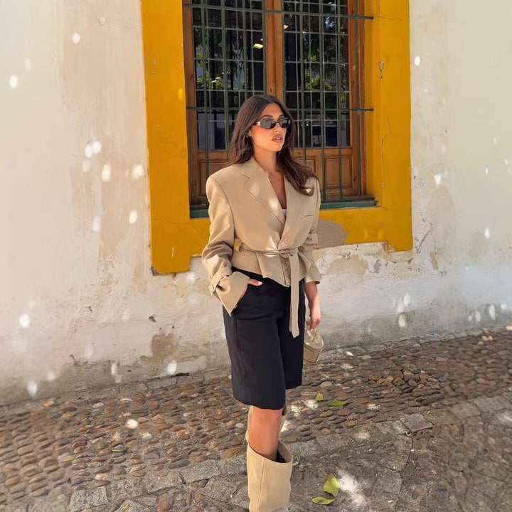 Women's Tailored Cropped Blazer with Belt and Remarkable Shoulder Area Amarae
