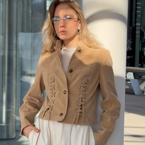 Women's short blazer made of suede with a fitted lace-up corset and stand-up collar Amarae