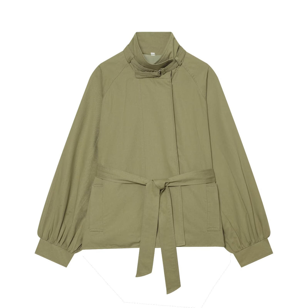 Women's Short Cape Trench Coat with Waist Belt and Funnel Collar Amarae
