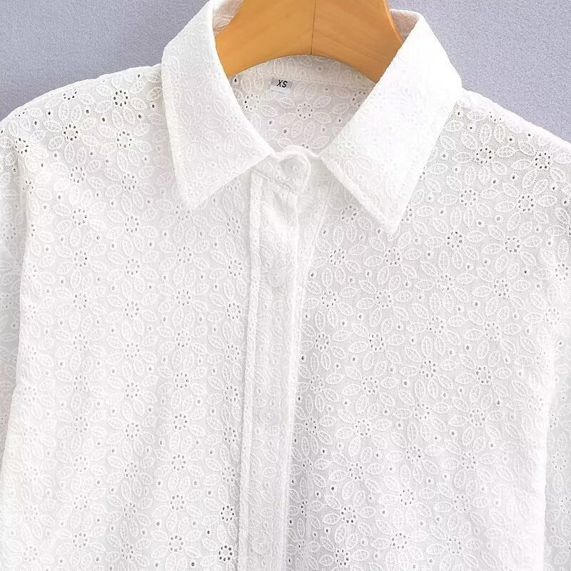 Women's Short-Cut Eyelet Embroidery Blouse with Shirt Collar and Long Ties Amarae