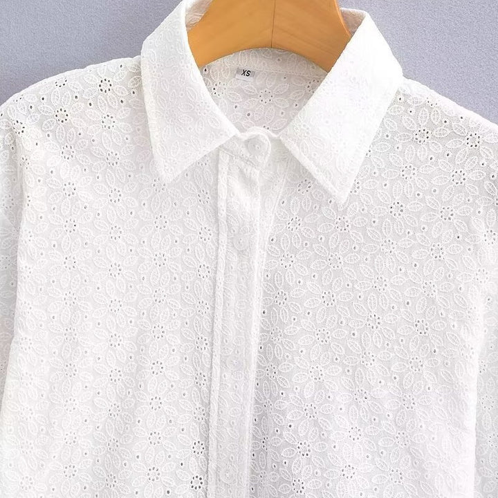 Women's Short-Cut Eyelet Embroidery Blouse with Shirt Collar and Long Ties Amarae